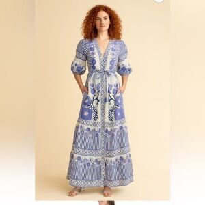 Celina Moon Blue White Maxi Length Belted Dress Floral Geo Design Size Small,NWT